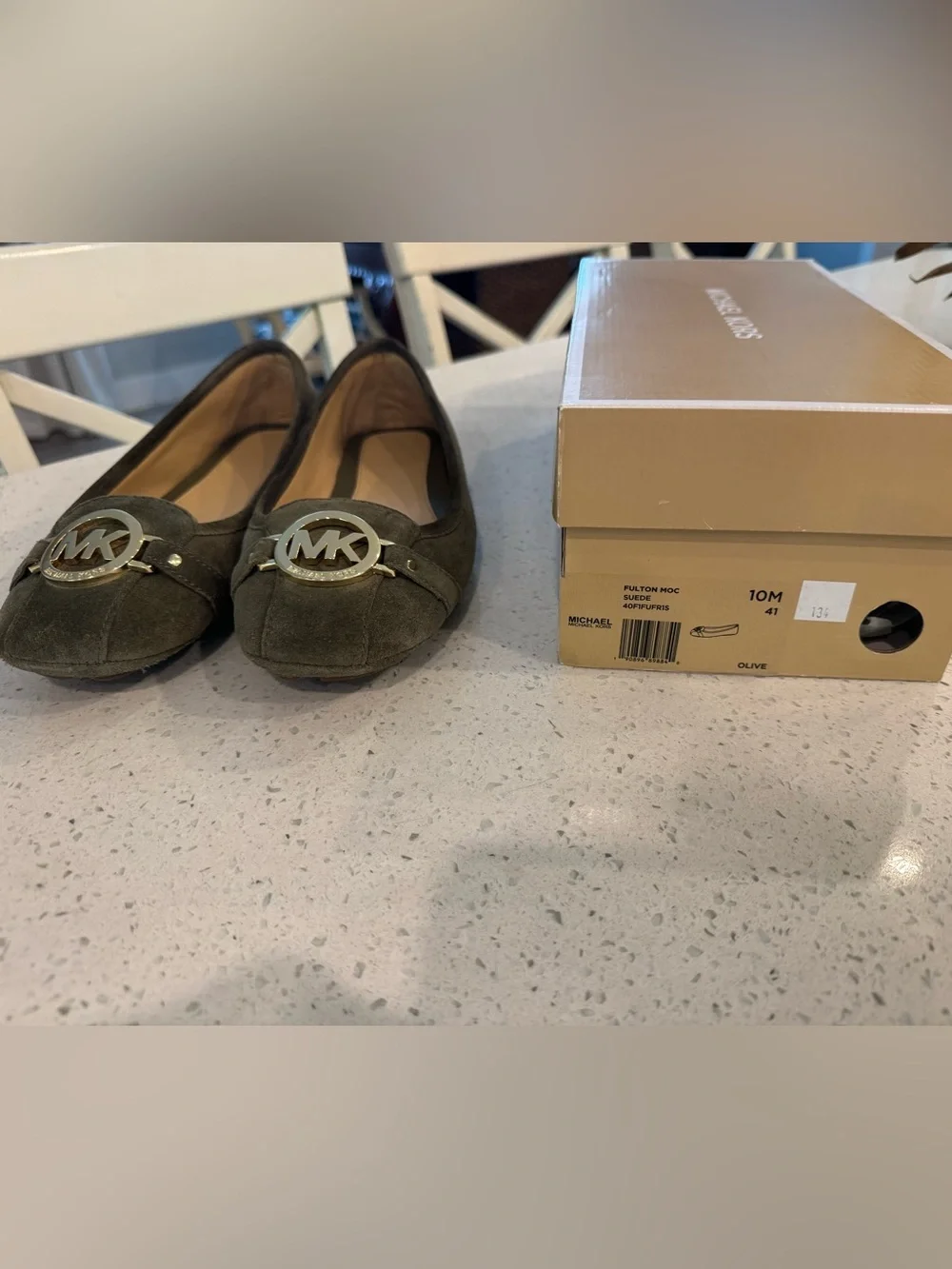 Michael Kors Fulton Olive Green Suede Flats with Gold MK Medallion